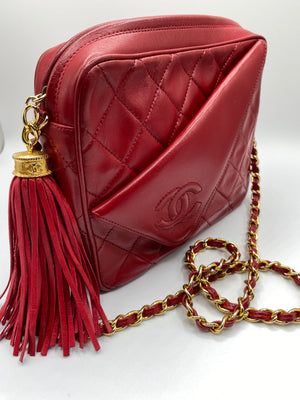 Chanel Red Quilted Barrel Fringe Tassel Round Crossbody 45ck7 For