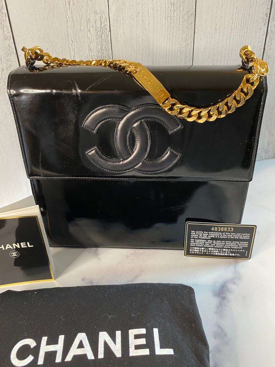 Chanel RARE Vintage Black Patent Leather Chain Around Maxi Flap