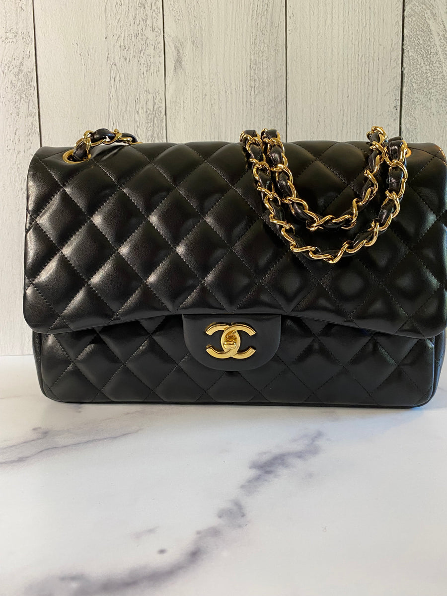 FWRD Renew Chanel Medium Lambskin Chain Classic Double Flap Bag in Black