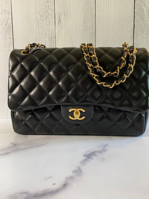 Black Quilted Lambskin Jumbo Classic Double Flap Gold Hardware, 2011